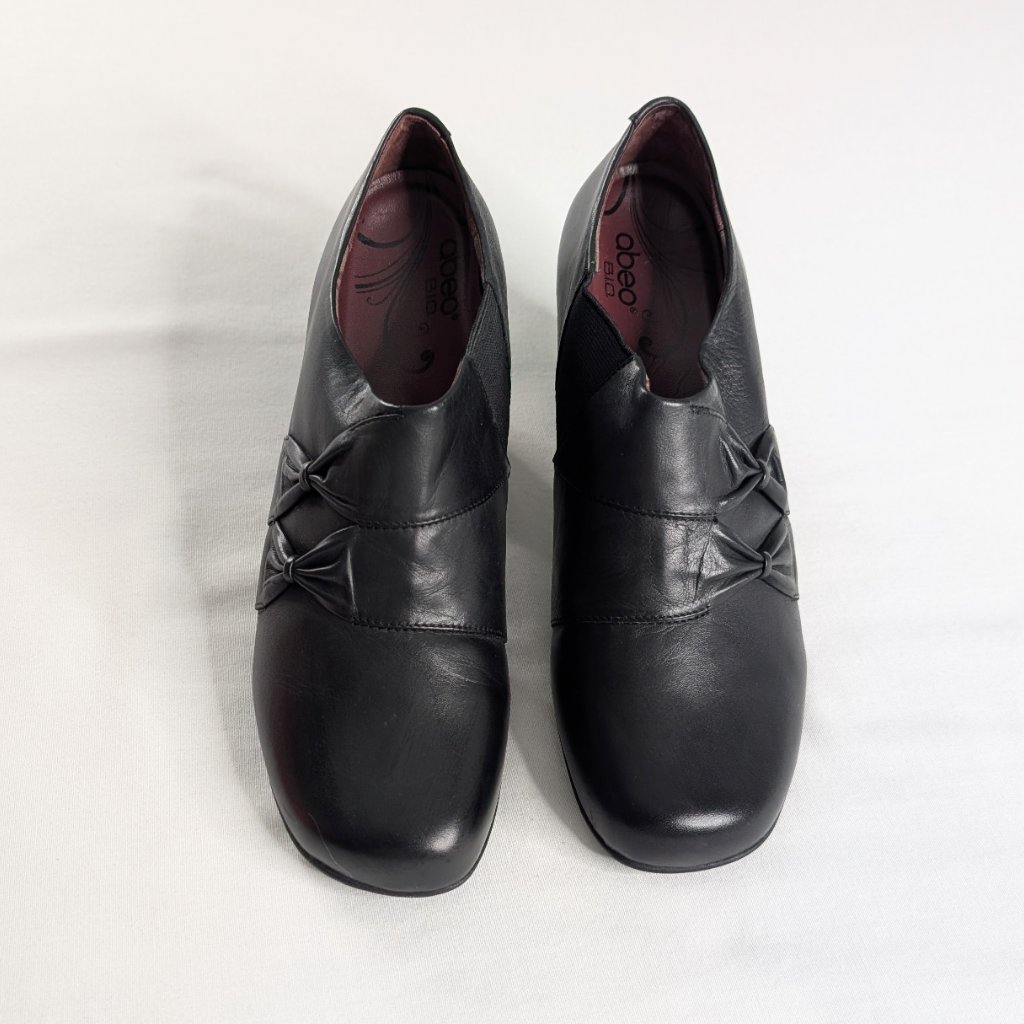 Abeo Black Leather Slip On Bow Detail Block Heel Booties Built In Orthotics New — image 2 of 8